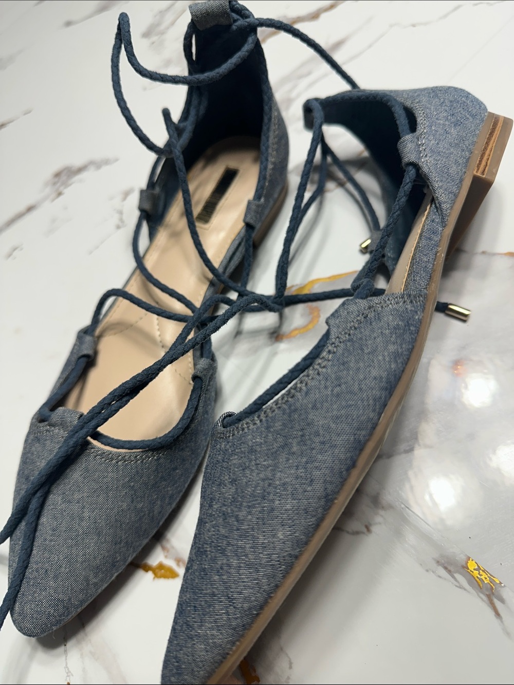 Jennifer Lopez Denim Lace-Up Flats Ballet Style Chic and Trendy. - Picture 9 of 12